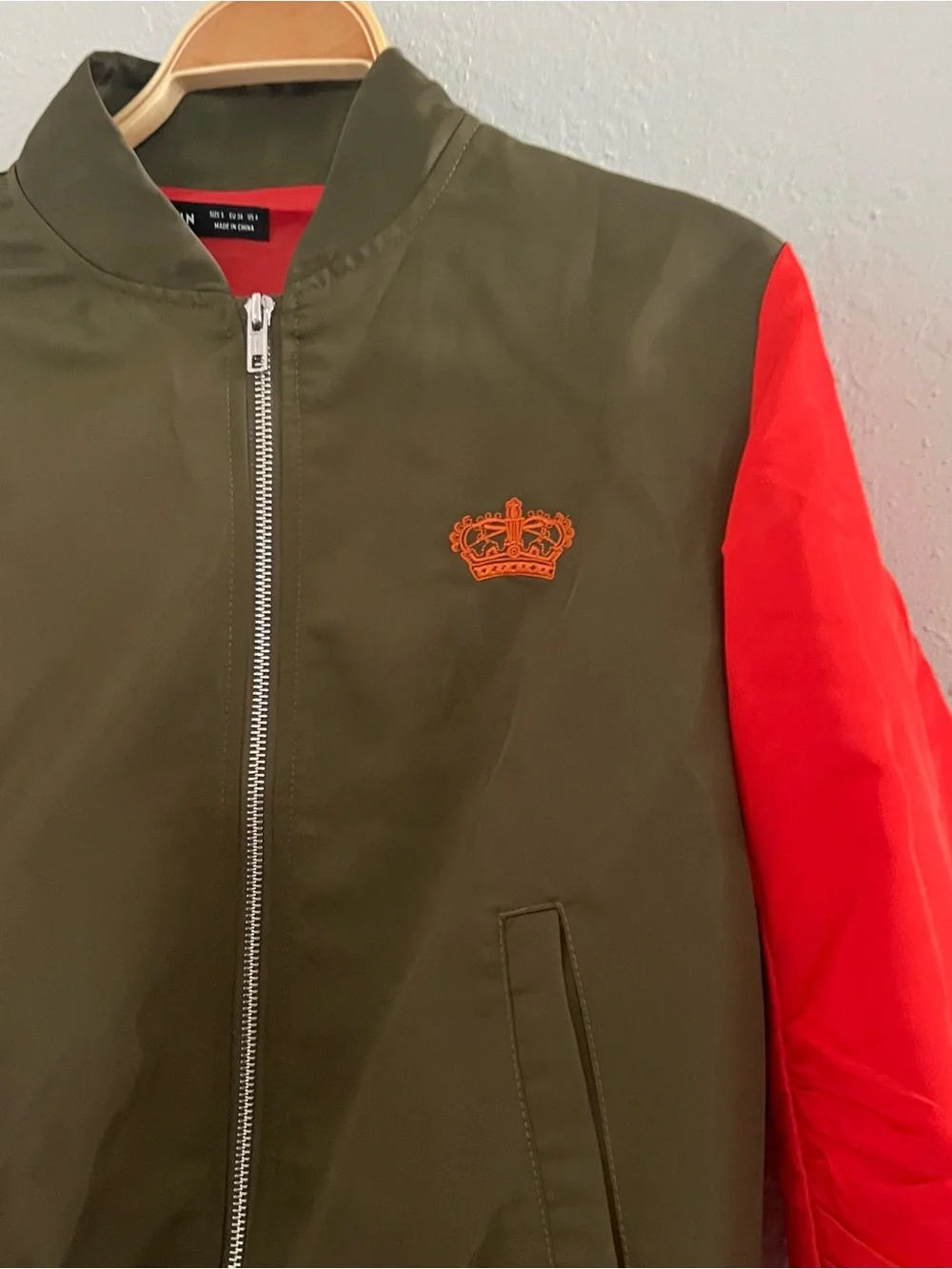 SHEIN Olive Green orange Colorblock Letter Graphic Zip-Up Bomber Jacket Sz 4